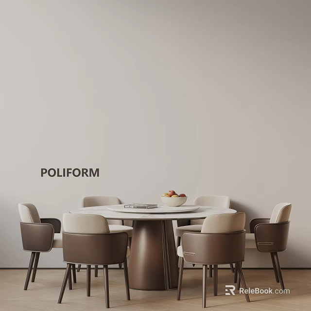 Poliform Modern Round Dining Table Set With Brown Chairs And Fruit Centerpiece 3d model 