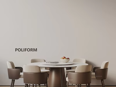 Poliform Modern Round Dining Table Set With Brown Chairs And Fruit Centerpiece 3d model