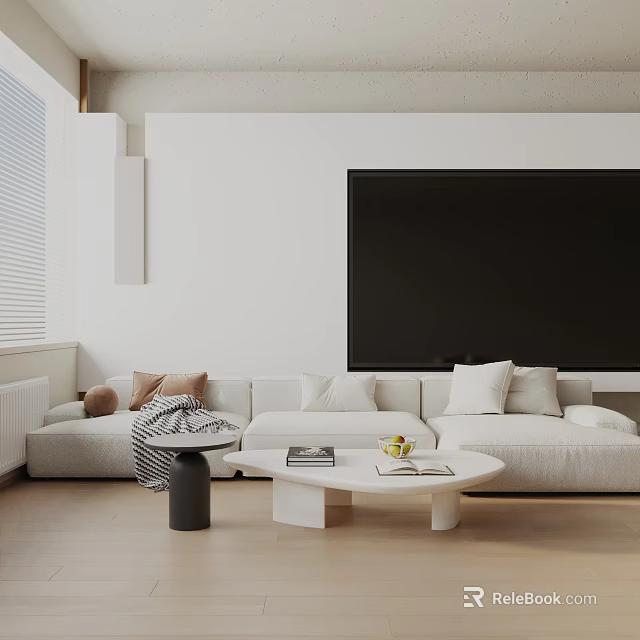 Modern Living Room Three-Seater Sofa With Soft Pillows And Round Coffee Table Setup 3d model 
