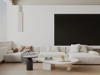 Modern Living Room Three-Seater Sofa With Soft Pillows And Round Coffee Table Setup 3d model
