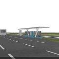 Bus Stop Shelter On Road With Lane Markings And Bus Under Clear Blue Sky