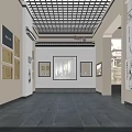 Indoor Cultural Exhibition Wall With Black White Drawings Texts Circular Sign And Green Plant