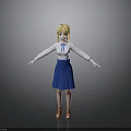 Blonde Haired 3D Character Model Wearing White Blouse Blue Bow Blue Skirt And Brown Shoes