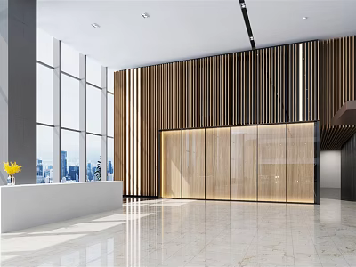 Modern Front Desk Reception Area With Wooden Panel Wall And Large Windows 3d model