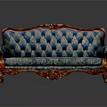European Style Carved Sofa With Blue Diamond Patterned Fabric And Red Wooden Armrests
