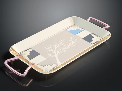 Stylish Decorative Tray with Pink Handles and Tree Geometric Patterns in Beige Blue Gray Tones 3d model