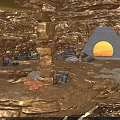 Rocky Cave Interior Design With Stone Pillars Triangular Entrance And Equipment