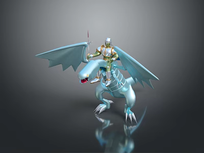 Knight In Shiny Armor Riding Silver Dragon With Spear And Large Wings 3d model