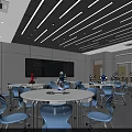 Modern School Classroom With White Tables Blue Chairs And Robot Models 3d model