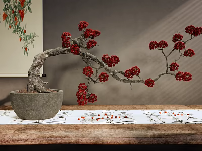 Bonsai Tree With Red Berries in Stone Pot on Wooden Table 3d model