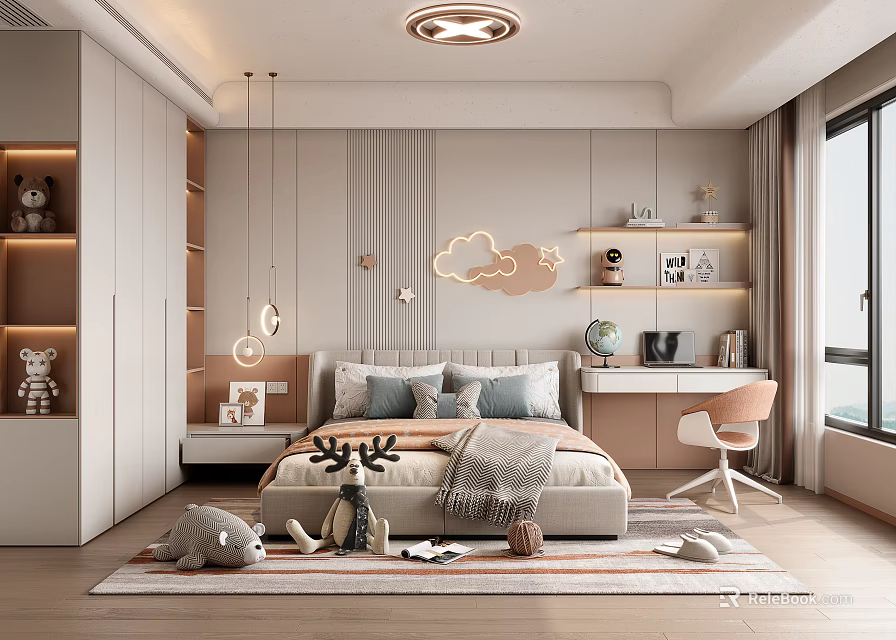 Cozy Modern Kids Room Interior With Cloud Headboard Storage Desk Chair And Toys 3d model 