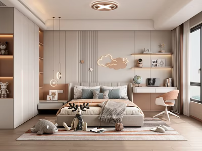 Cozy Modern Kids Room Interior With Cloud Headboard Storage Desk Chair And Toys 3d model