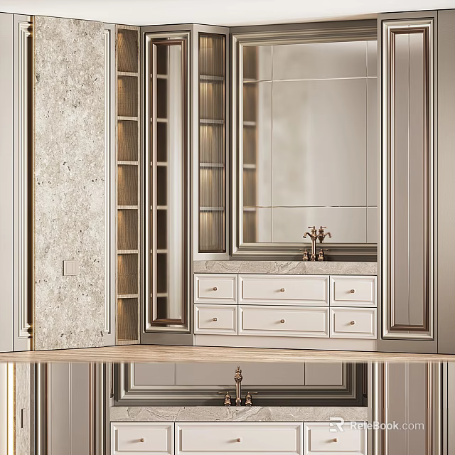 Luxury Bathroom Interior With Marble Vanity Gold Faucet And Large Mirror 3d model 
