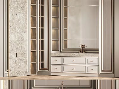 Luxury Bathroom Interior With Marble Vanity Gold Faucet And Large Mirror 3d model