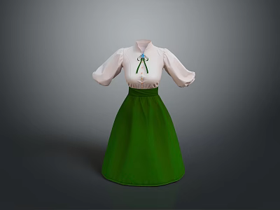 Women's White Top Green Skirt Dress With Bow Tie And Short Sleeves 3d model