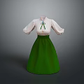 Women's White Top Green Skirt Dress With Bow Tie And Short Sleeves