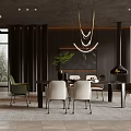 Modern Dining Room Interior With Dark Walls Large Windows Dining Table Chairs And Chandeliers