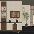 Chinese Style Entryway Design With Wooden Lattice Console Table Vases Table Lamp And Potted Plant