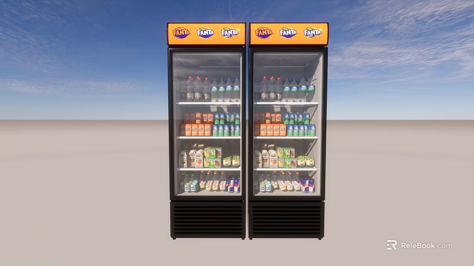 Two Upright Beverage Coolers With Fanta Sprite Logos Filled With Bottled Drinks 3d model 
