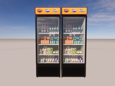 Two Upright Beverage Coolers With Fanta Sprite Logos Filled With Bottled Drinks 3d model