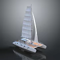 Modern Catamaran Sailboat With Multiple White Sails And Wooden Deck Design