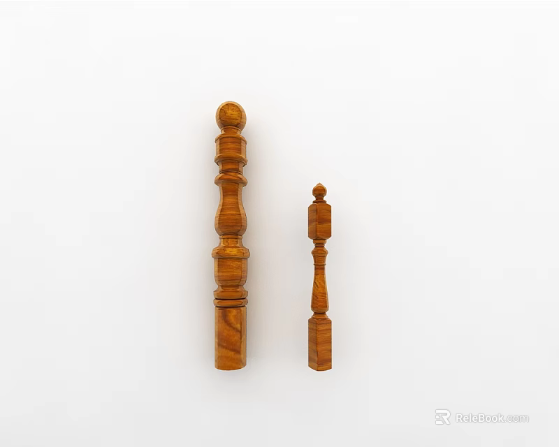 Two Tall And Short Carved Wooden Railing Balusters On White Background 3d model 
