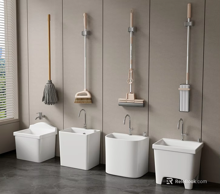 Clean Modern Mop Sinks With Chrome Faucets And Wall Mounted Mops By Window 3d model 