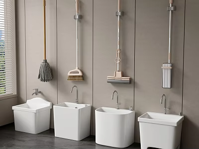Clean Modern Mop Sinks With Chrome Faucets And Wall Mounted Mops By Window 3d model