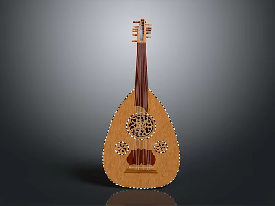 Handcrafted Wooden Lute Musical Instrument Featuring Intricate Carved Floral Patterns And Central Ornament Design 3d model