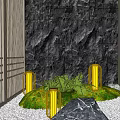 Outdoor Lights Illuminating Garden Pathway With Stone Wall Wooden Slats Greenery And Decorative Rock