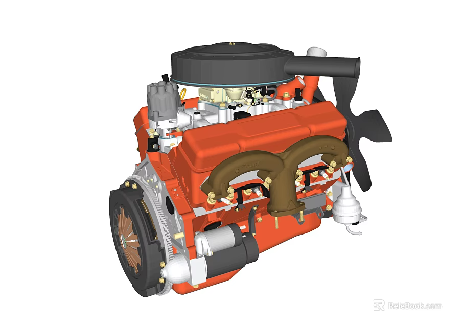 Detailed Orange Automotive Engine With Black Cover Fan And Cylinder Components 3d model 