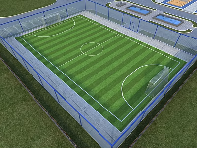 Enclosed Soccer Field With Green Grass White Markings Blue Fencing And Goalposts 3d model