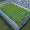 Enclosed Soccer Field With Green Grass White Markings Blue Fencing And Goalposts