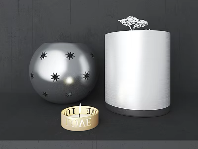 Modern Round Side Table Featuring Silver Sphere Black Stars White Cylindrical Decor And Golden Candle 3d model