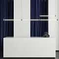 Modern Linear Pendant Light With Sleek Metal Frame Against Navy Blue Curtains And White Background