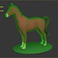 Red Plastic Horse Toy Standing On Green Circular Base Against Gray Background