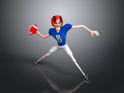 Cartoon American Football Player In Blue Jersey Number 8 With Red Black Helmet Holding Football 3d model