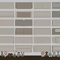 Different Styles Of Upholstered Panels Displayed On Wall With Decorative Toys And Plant