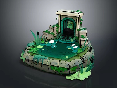 Lush Natural Scenery Featuring Ancient Stone Arch Pond Water Lilies And Green Plants 3d model