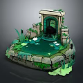Lush Natural Scenery Featuring Ancient Stone Arch Pond Water Lilies And Green Plants