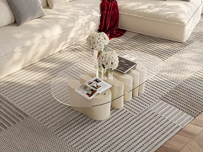 Modern Coffee Table With Glass Top And Flower Vase On Striped Living Room Rug 3d model