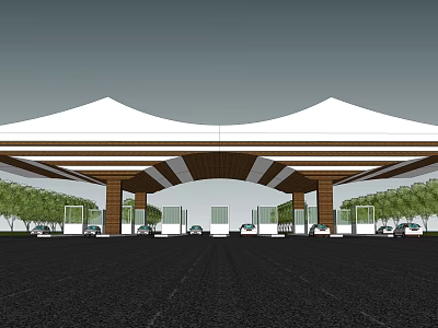 Modern Toll Gate Entrance with White Wave Shaped Roof Brown Pillars Cars Trees Asphalt Road 3d model