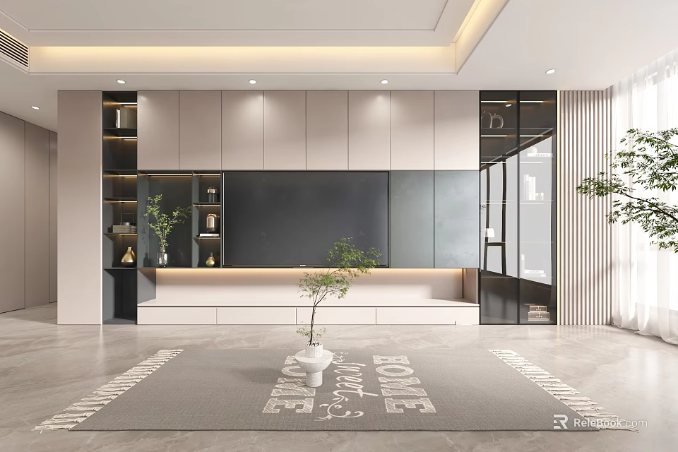 Modern TV Wall Unit Living Room Interior With Cabinets Open Shelves And Green Plants 3d model 