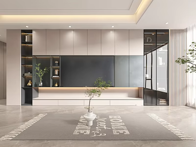 Modern TV Wall Unit Living Room Interior With Cabinets Open Shelves And Green Plants 3d model