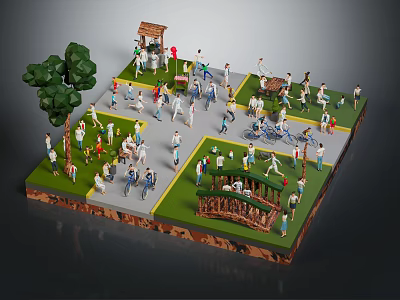 Cartoon Scene with Many People Doing Various Activities Around Pavilion Small Hut Green Trees and Grass 3d model