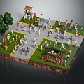 Cartoon Scene with Many People Doing Various Activities Around Pavilion Small Hut Green Trees and Grass