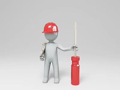 Grey Humanoid Construction Worker With Red Hard Hat Holding Toolkit And Red Screwdriver Tool 3d model