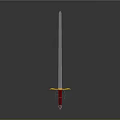 Medieval Style Sword With Long Metal Blade Red Hilt And Golden Cross Guard