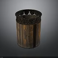 Wooden Cylindrical Glossy Decorative Container With Carved Rim And Vertical Slats