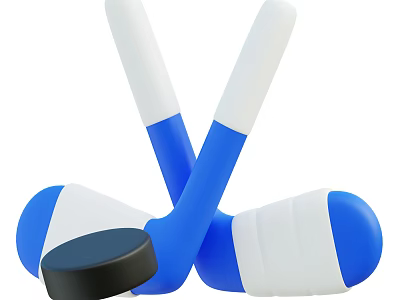 Blue And White Crossed Hockey Sticks With Black Puck Sports Equipment 3d model
